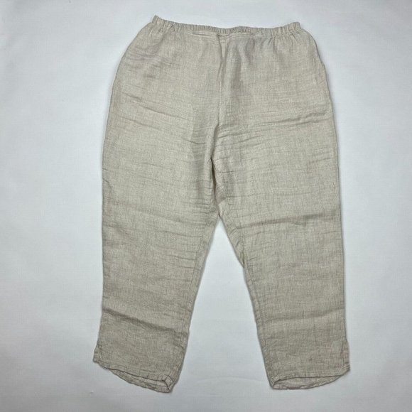 Flax Linen Ankle Pants Tapered Leg Elastic Waist Flat‎ Front Lightweight Women L - Picture 1 of 11